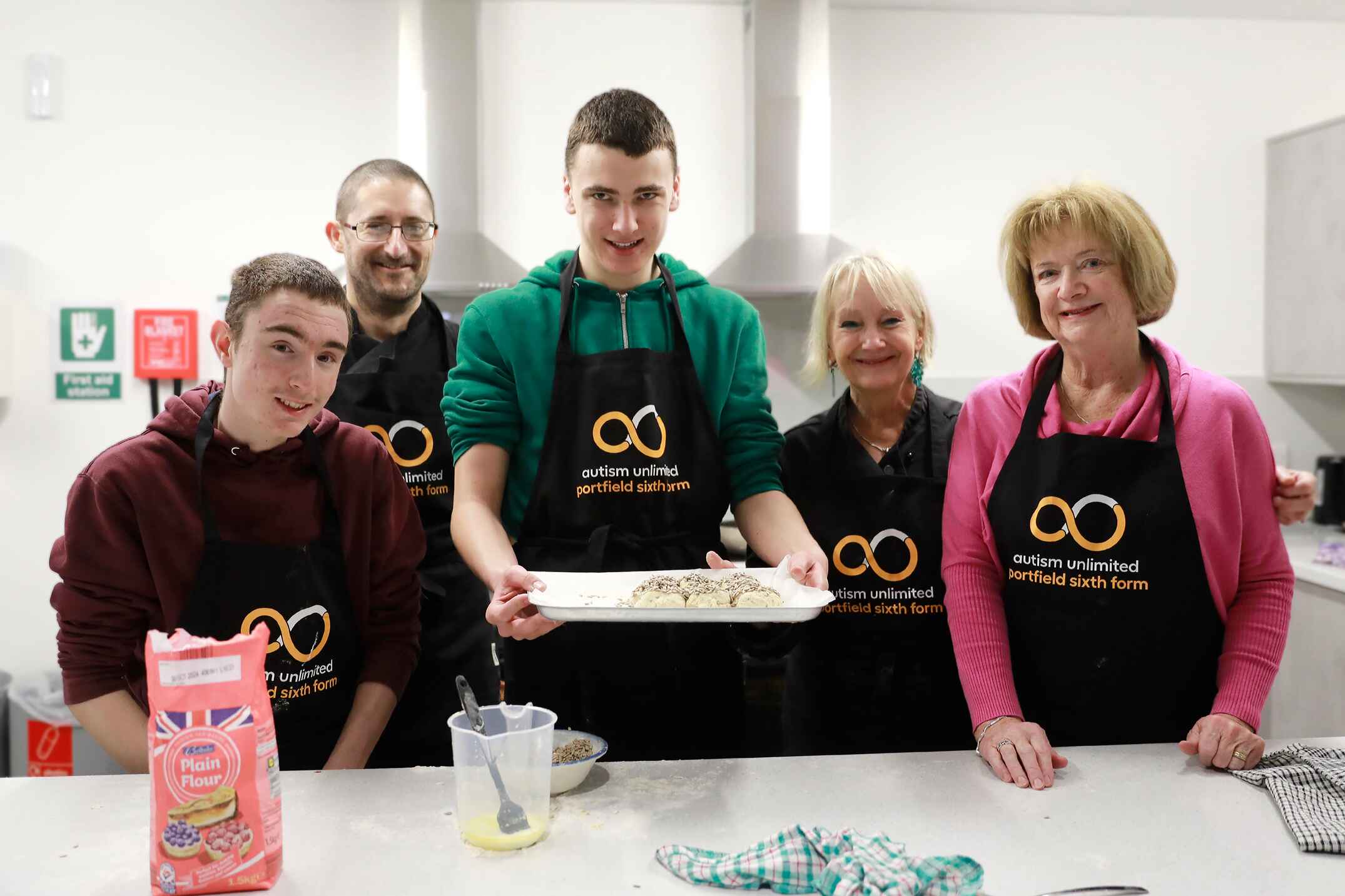 Student Jack, Steve James, Home Economist and Chef, student Luke, Lesley Waters and Jan Banks of Christchurch Rotary Club which has donated to the building’s facilities.