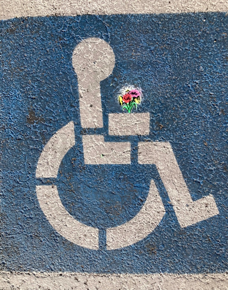 Disabled Logo in white on a blue background. The icon has the addition of a bouquet of flowers